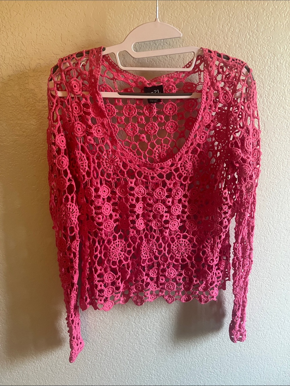 Rue21 Vibrant Raspberry Pink Crochet Open-Knit Long Sleeve Top Size S/M